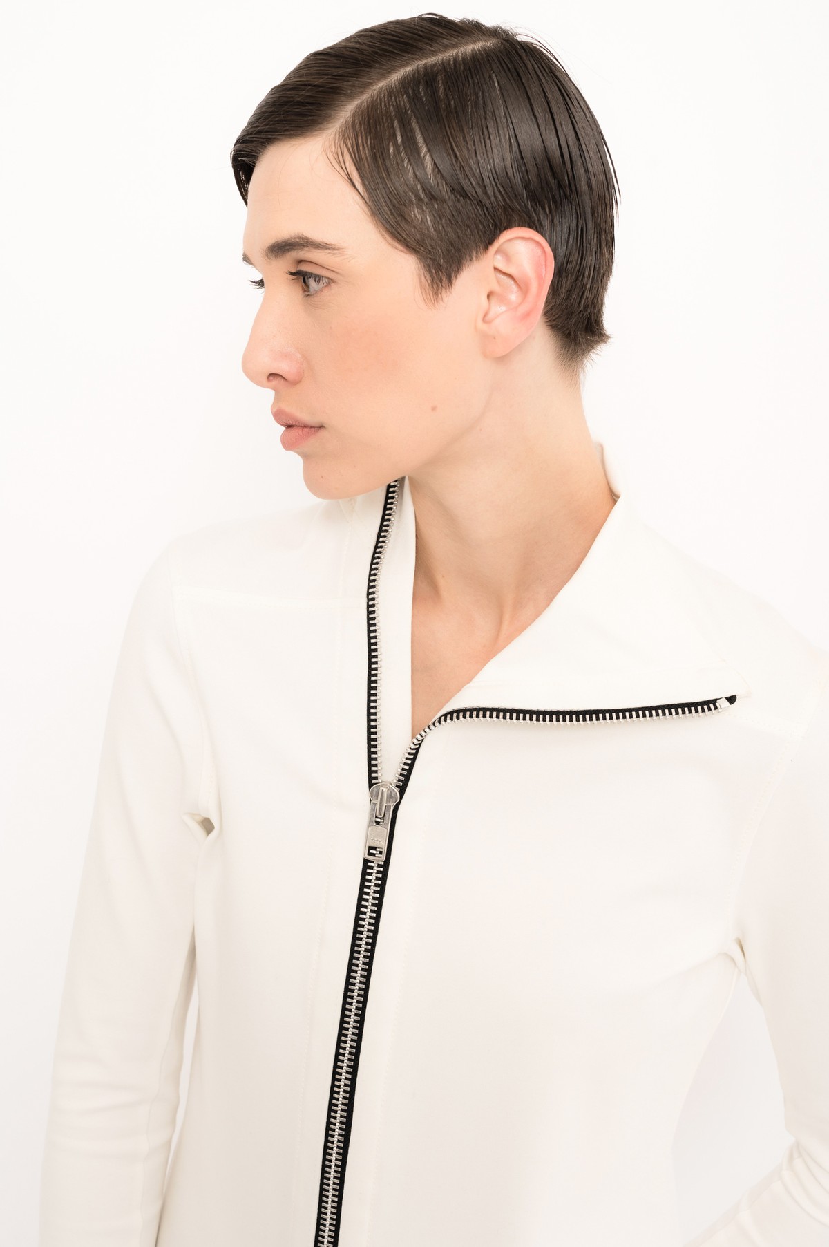 jaqueta assimétrica em malha compacta | asymmetric compact jersey jacket