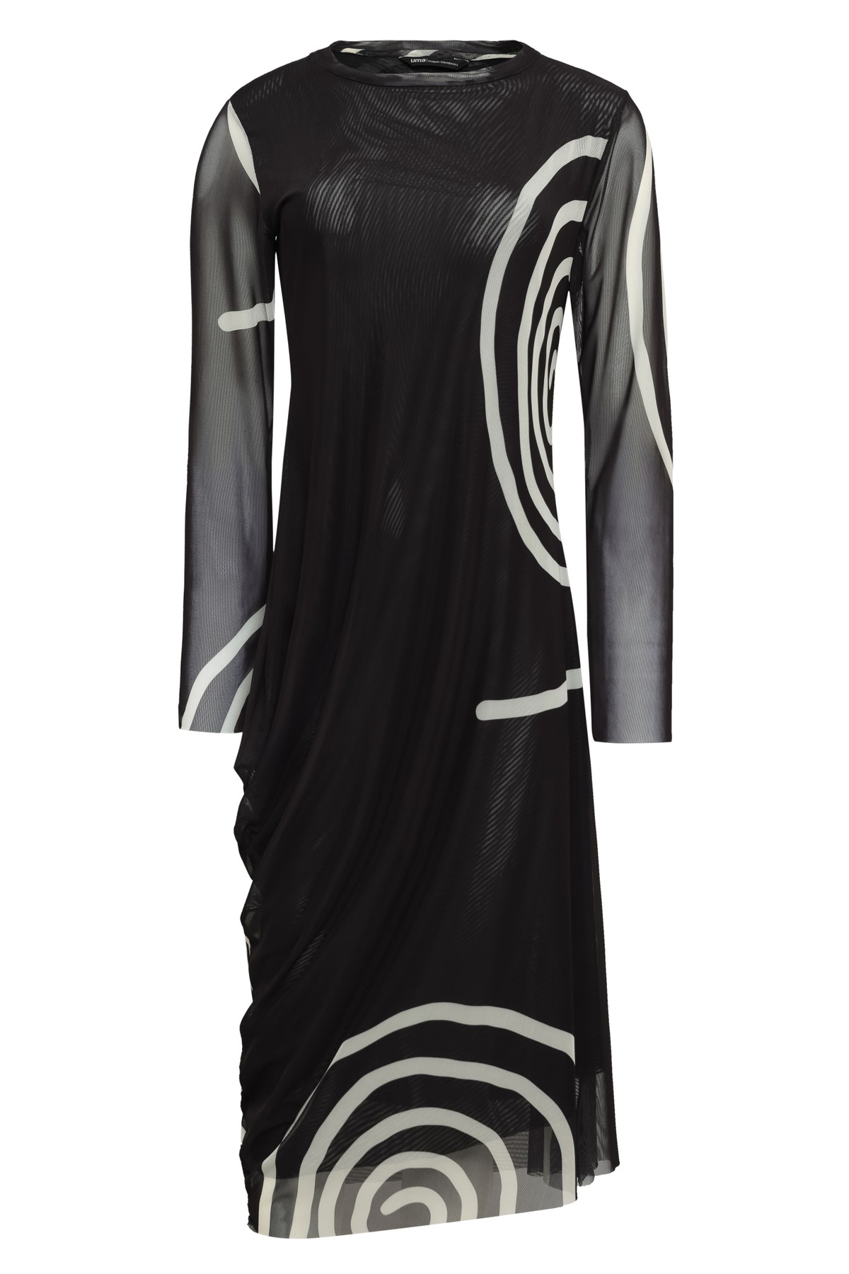 vestido midi em tule estampado com drapeado | printed tulle asymmetrical midi dress