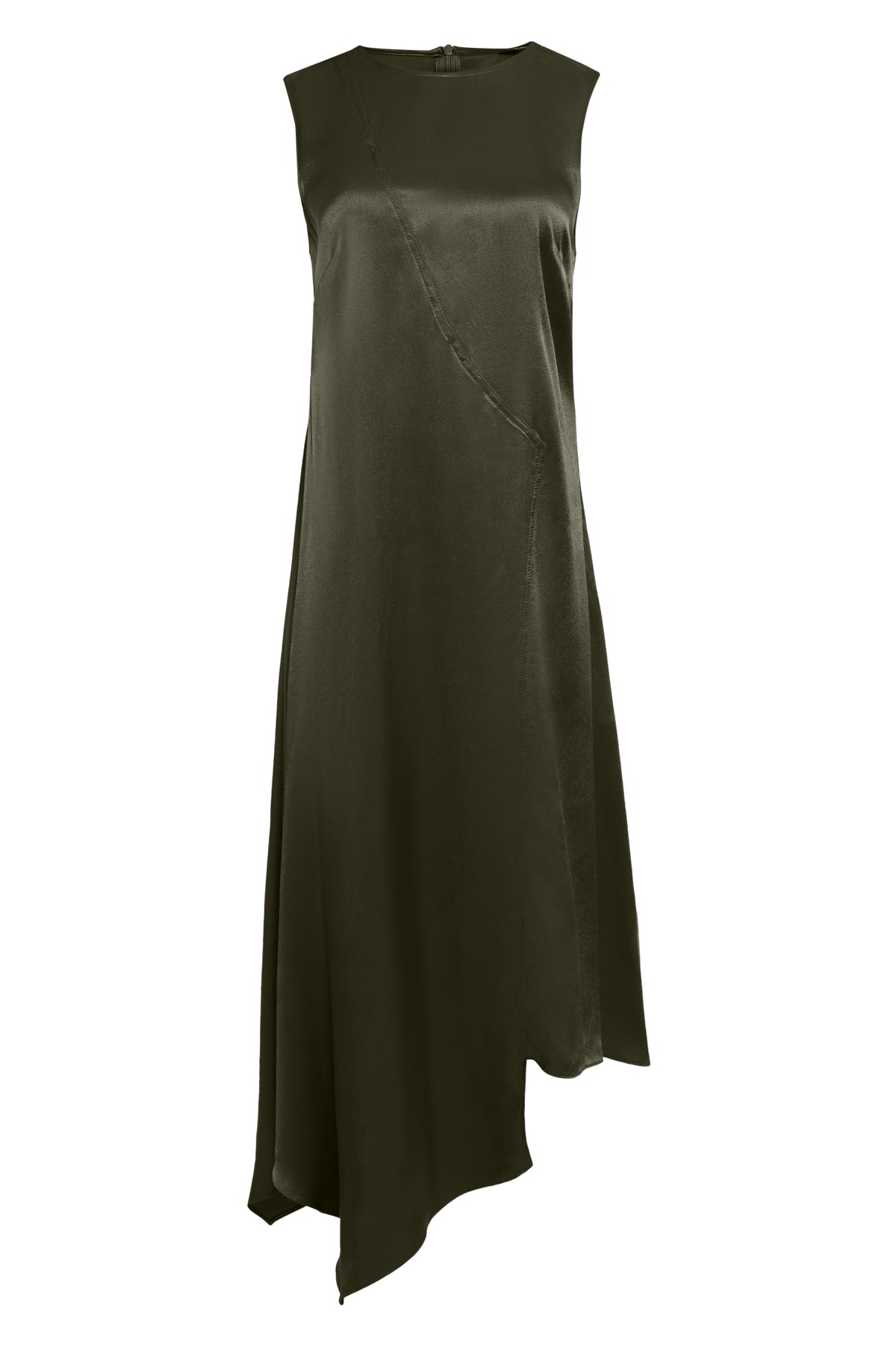vestido midi assimétrico em cetim de viscose | satin asymmetrical sleeveless midi dress