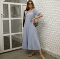 Vestido Linho Decote Quadrado Midi Azul Céu