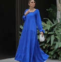 Vestido Linho Decote Quadrado M/L Laço Azul Bic