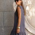 Vestido Linho Renda Curto Slim Cinza Chumbo