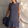 Vestido Linho Renda Curto Slim Cinza Chumbo