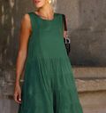 Vestido Linho Cava Quadrada Curto Verde Pinho