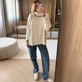 Poncho Tricot Gola Alta Branco Rústico e Marrom