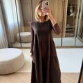Vestido Linho Cava Quadrada Marrom
