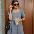 Vestido Linho Decote Quadrado Midi Cinza Chumbo