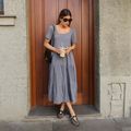 Vestido Linho Decote Quadrado Midi Cinza Chumbo