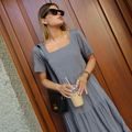 Vestido Linho Decote Quadrado Midi Cinza Chumbo