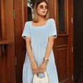 Vestido Linho Decote Quadrado Midi Azul Céu