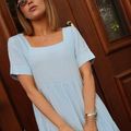 Vestido Linho Decote Quadrado Midi Azul Céu