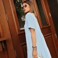 Vestido Linho Decote Quadrado Midi Azul Céu