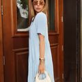 Vestido Linho Decote Quadrado Midi Azul Céu