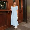 Vestido Linho Decote Quadrado Midi Azul Céu