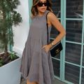 Vestido Linho Cava Quadrada Curto Cinza Chumbo
