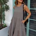 Vestido Linho Cava Quadrada Curto Cinza Chumbo
