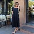 Vestido Linho Decote Quadrado Midi Preto