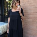 Vestido Linho Decote Quadrado Midi Preto