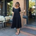 Vestido Linho Decote Quadrado Midi Preto