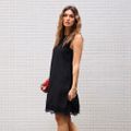 Vestido Crepe Cava Quadrada Curto Renda Preto