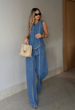 Calça New Baggy Recortes Crystal Denim