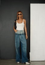 Calça Super Wide Mix Blue Dirty Wash Médio