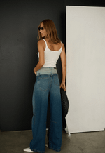 Calça Super Wide Mix Blue Dirty Wash Médio