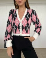 Cardigan Tricô Cooper Rosa Xadrez