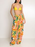 Calça de seda estampada com bolsos e cós elastico