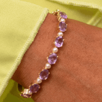 BRACELETE AMETISTA OVAL E PÉROLA