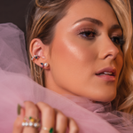  BRINCO COM PIERCING EM PEROLA BOTAO, SAFIRA ROSA, TOPAZIO LONDON E DIAMANTE BRANCO DE 1,5PT EM OURO ROSE