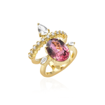 ANEL ARO DUPLO TURMALINA ROSA, SAFIRA GOTA, SAFIRA NAVETE E DIAMANTES OURO AMARELO