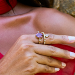 ANEL ARO DUPLO TURMALINA ROSA, SAFIRA GOTA, SAFIRA NAVETE E DIAMANTES OURO AMARELO
