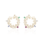 ARGOLA FRONTAL MANDALLA 40MM ESMERALDA, TANZANITA, RUBELITA E SAFIRA BRANCA OURO AMARELO
