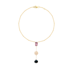COLAR GRAVATINHA TURMALINA ROSA RETANGULAR, MANDALLA 15MM E TURMALINA AZUL GOTA OURO AMARELO