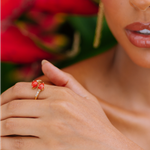ANEL CORAL GOTA E DIAMANTE CHOCOLATE OURO AMARELO