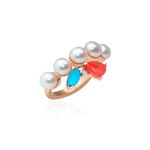 ANEL PÉROLA 5MM, CORAL GOTA, TURQUESA NAVETE E DIAMANTE BRANCO OURO ROSÉ