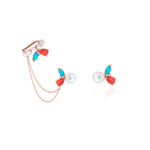  BRINCO COM PIERCING PÉROLA BOTÃO, CORAL, TURQUESA E DIAMANTE BRANCO OURO ROSÉ