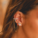  BRINCO COM PIERCING PÉROLA BOTÃO, CORAL, TURQUESA E DIAMANTE BRANCO OURO ROSÉ