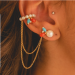  BRINCO COM PIERCING PÉROLA BOTÃO, CORAL, TURQUESA E DIAMANTE BRANCO OURO ROSÉ