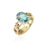 ANEL CICLOS TURMALINA AZUL ESVERDEADA CLARA OVAL OURO AMARELO