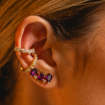BRINCO EAR CUFF RODOLITA GOTA E DIAMANTE CHOCOLATE OURO AMARELO