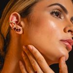 BRINCO EAR CUFF RODOLITA GOTA E DIAMANTE CHOCOLATE OURO AMARELO