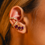 BRINCO EAR CUFF RODOLITA GOTA E DIAMANTE CHOCOLATE OURO AMARELO