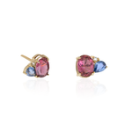 BRINCO TURMALINA ROSA OVAL, SAFIRA AZUL GOTA E DIAMANTE OURO AMARELO