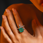  ANEL ARO DUPLO ESMERALDA QUADRADA SAFIRA DIAMANTES OURO BRANCO