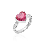 ANEL MEIA ALIANÇA TURMALINA ROSA CORAÇÃO DIAMANTES OURO BRANCO