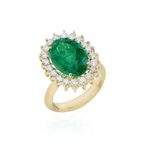 ANEL ESMERALDA OVAL DIAMANTES HALO OURO AMARELO