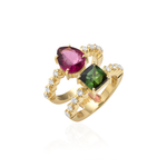 ANEL ARO DUPLO TURMALINA ROSA GOTA TURMALINA VERDE DIAMANTES OURO AMARELO