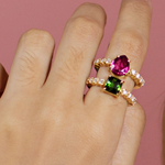 ANEL ARO DUPLO TURMALINA ROSA GOTA TURMALINA VERDE DIAMANTES OURO AMARELO